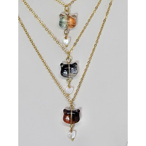 Handmade Glass Cat Necklace Pendant Shell Heart Gold-Plated Adjustable Chain - Picture 1 of 8